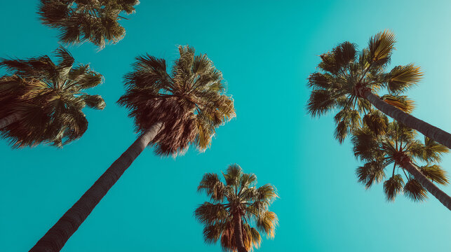Palm Trees Against Blue Sky. Tropical Summer Nature Background.,