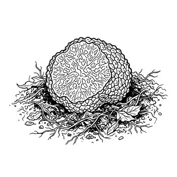 Tuber melanosporum black truffle cut section line art for fine dining packaging