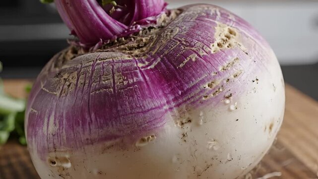 Closeup of a fresh raw turnip on a wooden cutting board.