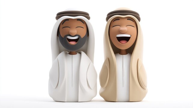 Two Cheerful 3D Arab Men Characters Laughing Heartily Together on a White Background