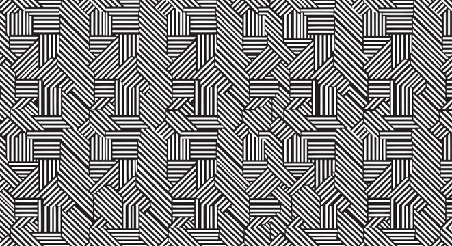 Abstract Seamless Pattern with Black and White Geometric Stripes, Modern Minimalist Optical Art Background