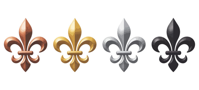 Fleur de lis icon, gold silver bronze black graphics, heraldic royal lily symbols, medieval badge coat arms concept, vector illustration