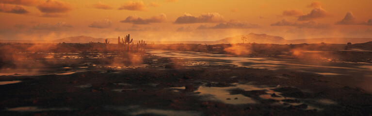 Foggy arid landscape with succulent vegetation after rain during sunset. 3D render. © ysbrandcosijn