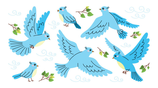 Cute set of flat illustrations of blue birds in different poses. Colorful stickers and icons collection of pigeons, parrots and bullfinch. Cartoon character of wildlife and pet for children. 