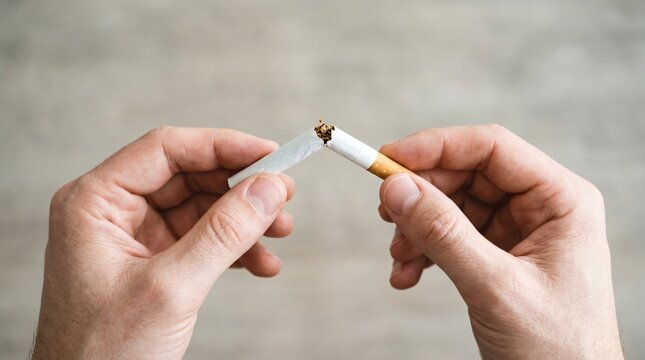 Man breaking cigarette in half with hand. Concept of smoking cessation and quitting unhealthy habit. Healthy lifestyle choice and medical strategy to stop nicotine drug addiction.