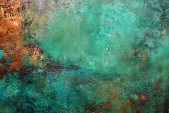 Heavy verdigris green patina on a scratched copper sheet abstract texture.
