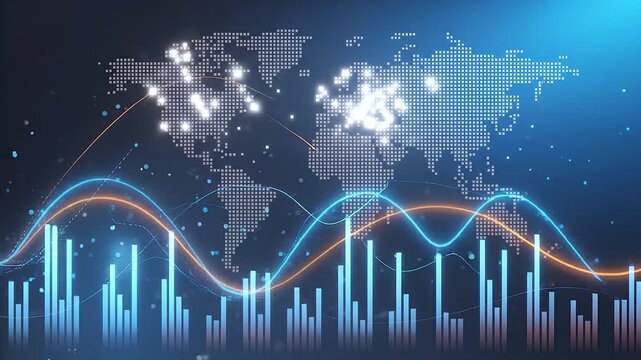 Global sustainable economy trends visualized on a world map with graphs