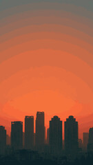 Fototapeta premium Silhouette of a modern city skyline against a vast gradient orange sky, skyscrapers appearing as dark shapes at the bottom of the frame, minimal composition with lots of negative space, warm sunset