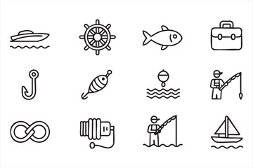 Fototapeta premium Fishing Marine Line Icons for Nautical Travel and Outdoor Recreation