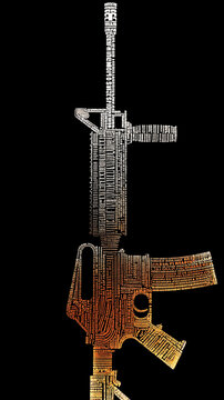 Silhouette of an assault rifle formed entirely by dense lines of small typography, black background, text color gradient fading from white at the barrel to glowing orange at the magazine, calligram