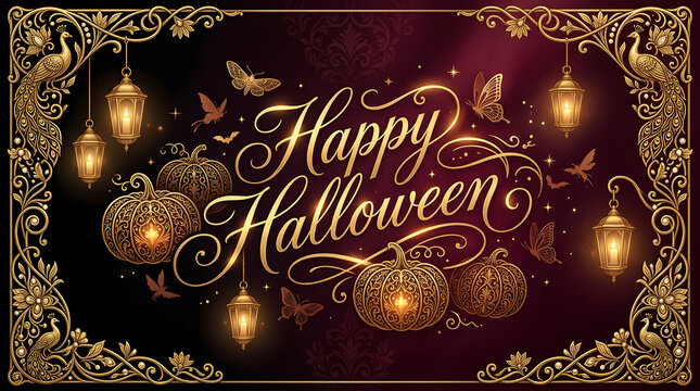 Elegant Halloween greeting with glowing pumpkins and ornate golden borders