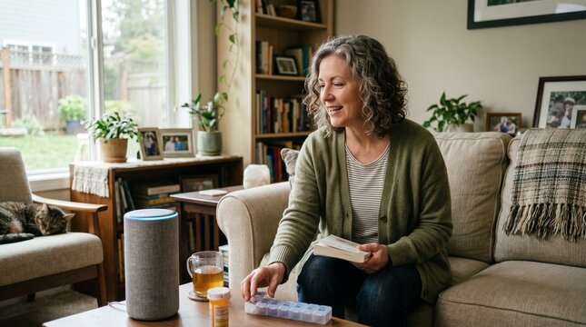 Wellness at Home: A woman in her mature years sits in a comfortably furnished living room, placing pills on a table, with a smart speaker close by, while her cat sleeps.
