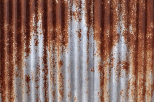 Rusted galvanized steel roof corrugated texture with oxidation patterns.