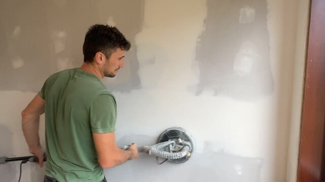 A European man sands a wall with a sander. Wall repair work. Sander in action, medium shot. A construction worker sands drywall and putty. Home renovation and restoration.