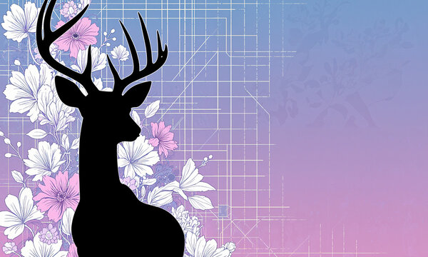 Deer silhouette botanical stag profile over a grid background with floral elements and copy space on a purple gradient