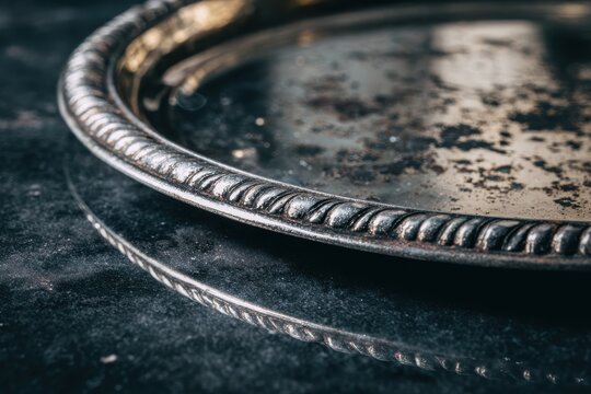 Tarnished antique silver tray with dark black oxidation spots.