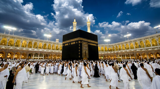 Pilgrims circumambulating Kaaba at Grand Mosque in Mecca Saudi Arabia.