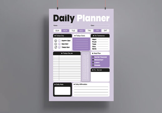 Daily Planner Template with Purple Minimal Layout