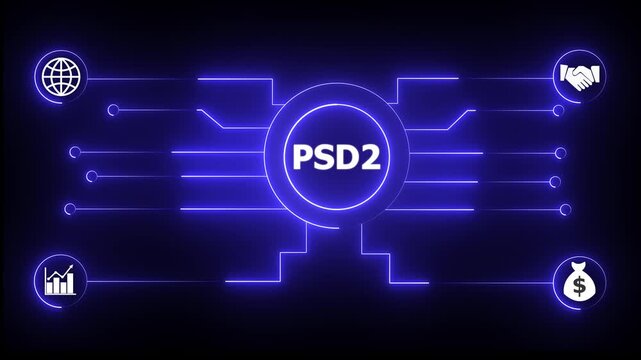 Glowing neon sign Business PSD2 concept animated. PSD2 management concept. Glowing neon line PSD2 Product lifecycle management system technology.4k animation motion graphics video.