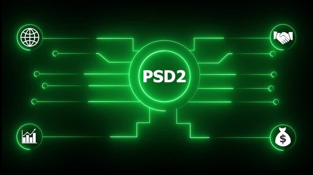Glowing neon sign Business PSD2 concept animated. PSD2 management concept. Glowing neon line PSD2 Product lifecycle management system technology.4k animation motion graphics video.