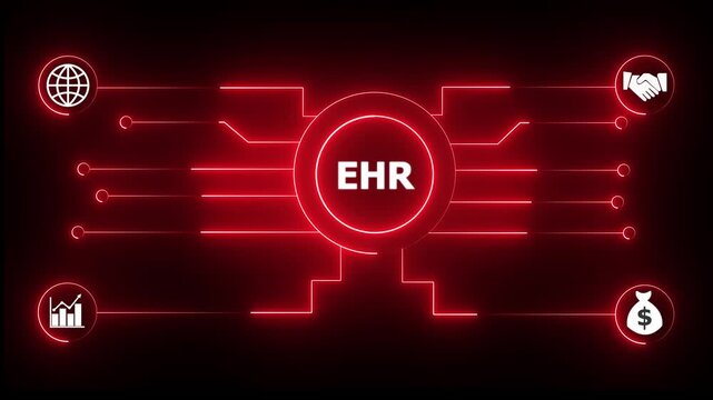 Glowing neon sign Business EHR concept animated. EHR management concept. Glowing neon line EHR Product lifecycle management system technology . 4k Animation motion video.