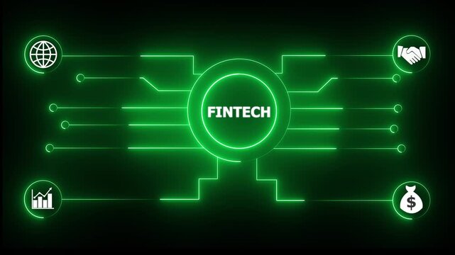 Glowing neon sign Business FINTECH concept animated. FINTECH management concept. Glowing neon line Financial Technology AI Brain Circuit Computer Icons Neon.4k motion video