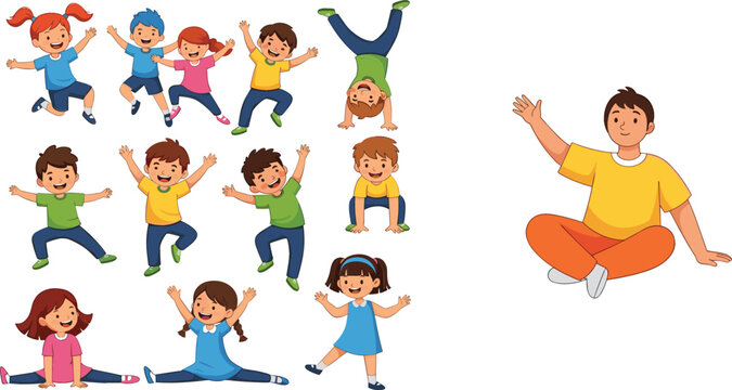 Happy kids jumping dancing and doing gymnastics with male instructor cartoon vector illustration set isolated on white background for children activity design