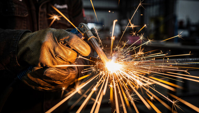 Welder Hands With Leather Gloves and Arc Welding Sparks