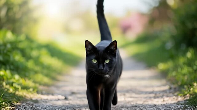 Sleek black cat walking confidently down a gravel path with a blurred natural backdrop