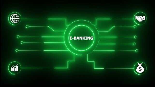 Glowing neon sign Business E-BANKING concept animated. E-BANKING management concept. Glowing neon line E-BANKING Product lifecycle management system technology animation.4k video.