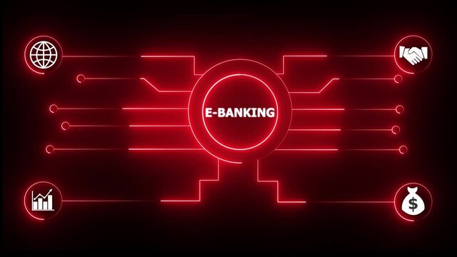 Glowing neon sign Business E-BANKING concept animated. E-BANKING management concept. Glowing neon line E-BANKING Product lifecycle management system technology animation.4k video.