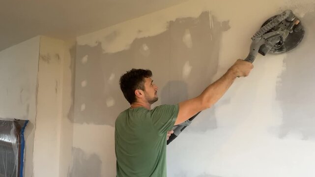A European man sands a wall with a sander. Wall repair work. Sander in action, medium shot. A construction worker sands drywall and putty. Home renovation and restoration.