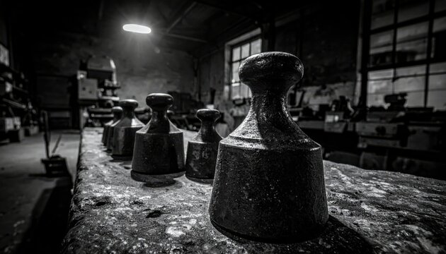 Antique conical lead weights aligned on a rough stone surface in an industrial setting