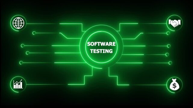 SOFTWARE TESTING concept animated. SOFTWARE TESTING management concept. Glowing neon line SOFTWARE TESTING Product black background management system technology. 4k Animation.