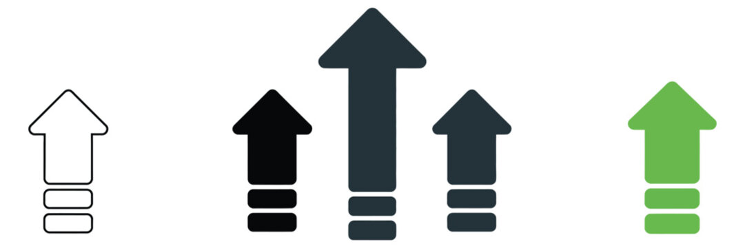 Growth arrow icon, upward progress symbols, level up upgrade graphics, increase chart boost concept, success vector illustration