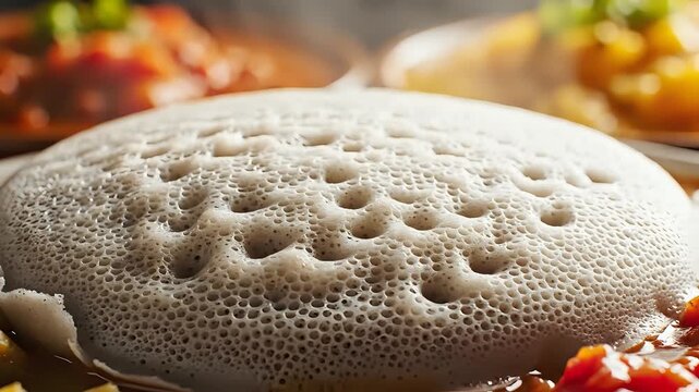 Delicious Ethiopian Injera Bread Served with Savory Stews and Vegetables.