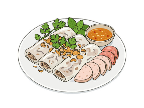 Vietnamese banh cuon steamed rice rolls with pork and sausage vector illustration