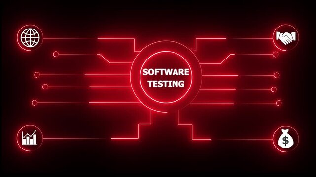 SOFTWARE TESTING concept animated. SOFTWARE TESTING management concept. Glowing neon line SOFTWARE TESTING Product black background management system technology. 4k Animation.