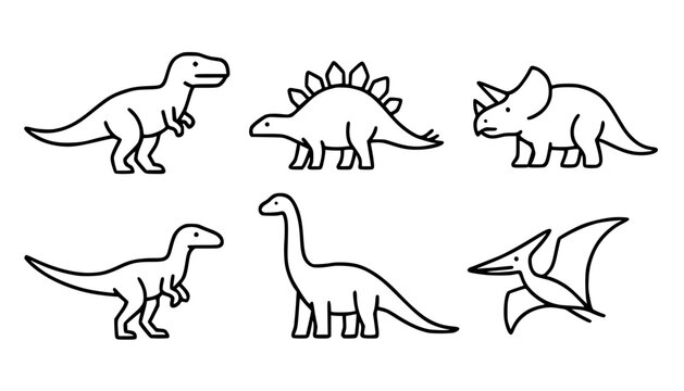 Minimalist dinosaur icon set, in outline design
