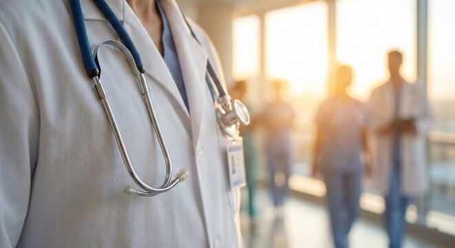 Close up of a medical professional in a white coat with a stethoscope around their neck with blurred figures of other medical professionals in the background at sunset
