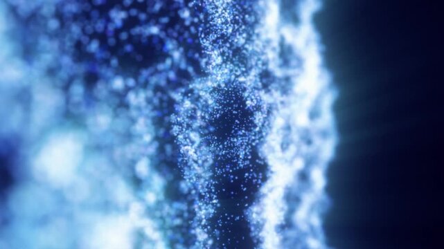 Abstract blue particle landscape with sparkling depth, soft focus, and luminous wave-like terrain
