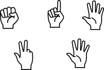 Obraz premium Human hand gestures are depicted as simple line art icons representing counting from zero to five.