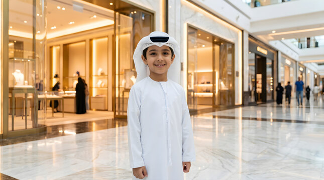 Young Arab boy wearing traditional white thobe standing in luxury shopping mall with bright marble floors.