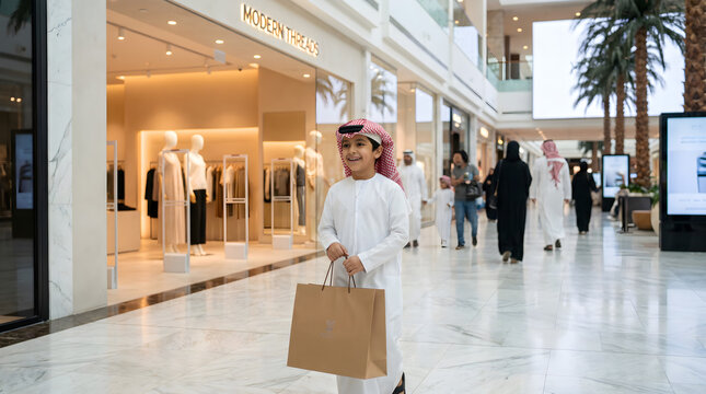 Young boy in traditional clothing smiles holding shopping bag in mall.