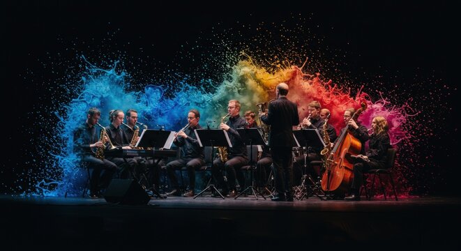 Orchestra musicians playing colorful music.