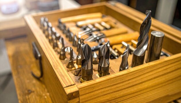 A comprehensive collection of sharp wood carving gouges and chisels neatly arranged in a classic wooden tool case, highlighting craftsmanship and traditional artistry.
