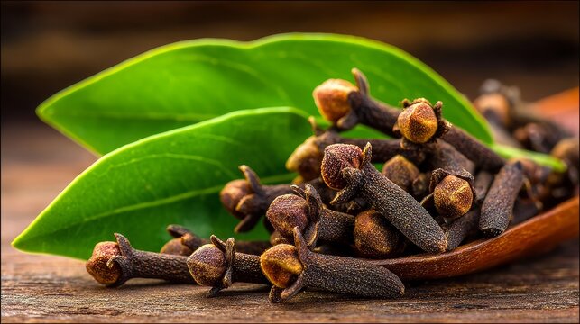 Dried cloves on wooden surface with fresh green leaves close up shot for food and spice photography.