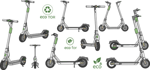 Obraz premium Eco-Friendly Electric Scooter Set with Green Detailing and Sustainability Features in Modern Hand-Drawn Style