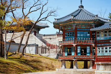 Fototapeta premium Pavilion Parujeong of Jibokjae Private Royal Library at Gyeongbokgung Palace in Seoul, South Korea. Beautiful building of traditional Korean architecture.