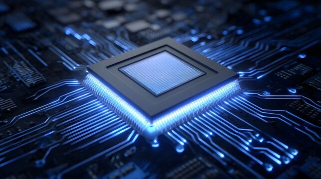 Glowing microprocessor on a detailed circuit board symbolizing advanced computing power and futuristic technology